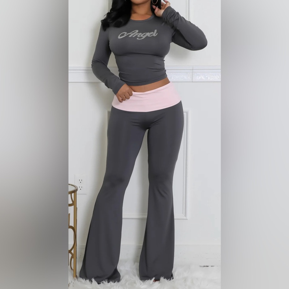 Gray and Pink Women's Flared Pants Set